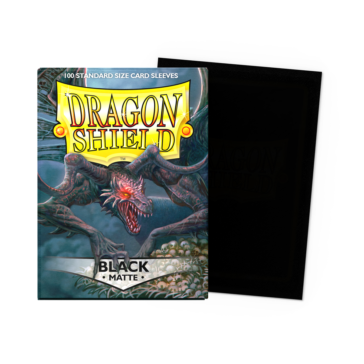 Card sleeves: Dragon Shield Matte Black 100-count box with a sleeve laid flat
