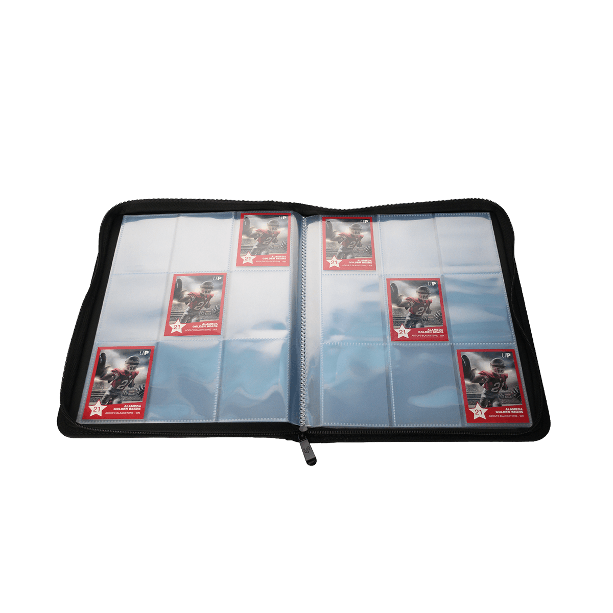 Ultra Pro 9-Pocket Zippered Premium Pro-Binder open with trading cards in the side-loading pockets