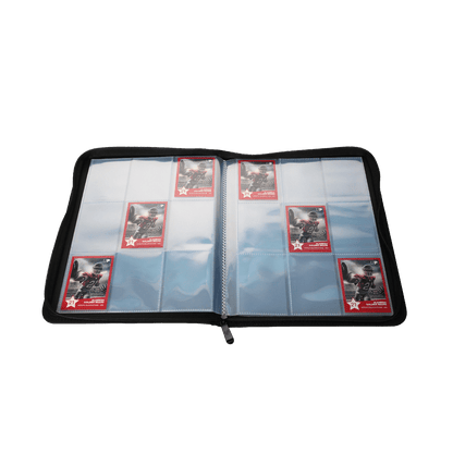 Ultra Pro 9-Pocket Zippered Premium Pro-Binder open with trading cards in the side-loading pockets