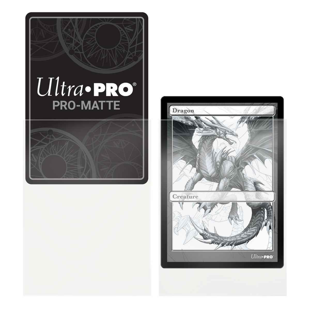 Ultra Pro Pro-Matte Clear sleeve pack beside a card inserted in a clear sleeve