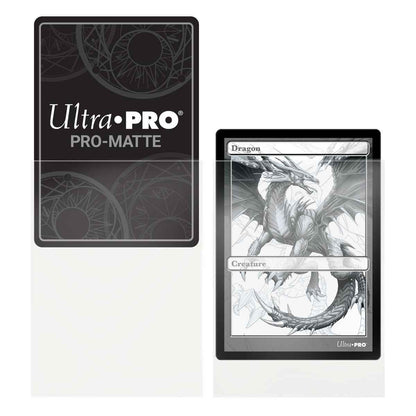 Ultra Pro Pro-Matte Clear sleeve pack beside a card inserted in a clear sleeve