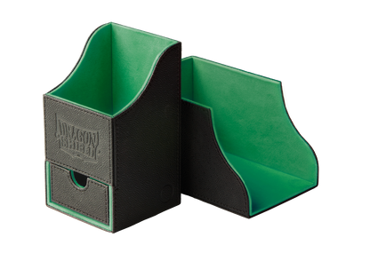 Dragon Shield Nest+ 100 deck box, Black/Green, lid open showing green interior