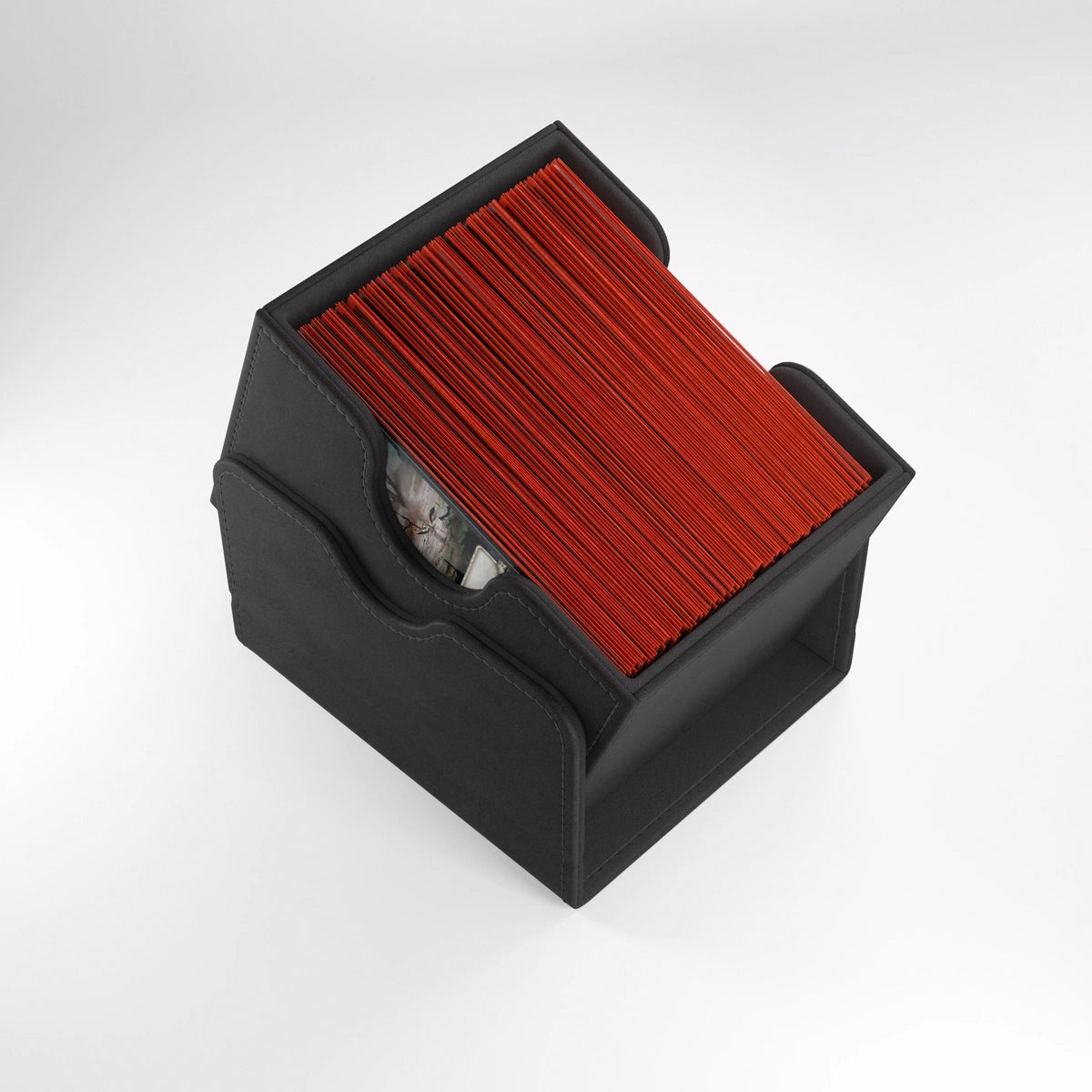 Gamegenic Sidekick 100+ XL Convertible black, tilted on its lid clipped to the base, holding a sleeved deck