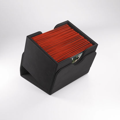 Gamegenic Sidekick 100+ XL Convertible black, side view of the open sideloading compartment with a sleeved deck