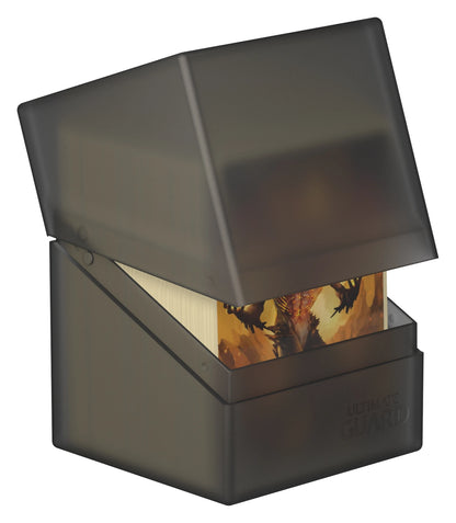Ultimate Guard Boulder 100+ Onyx deck case with the lid lifted, showing sleeved cards inside