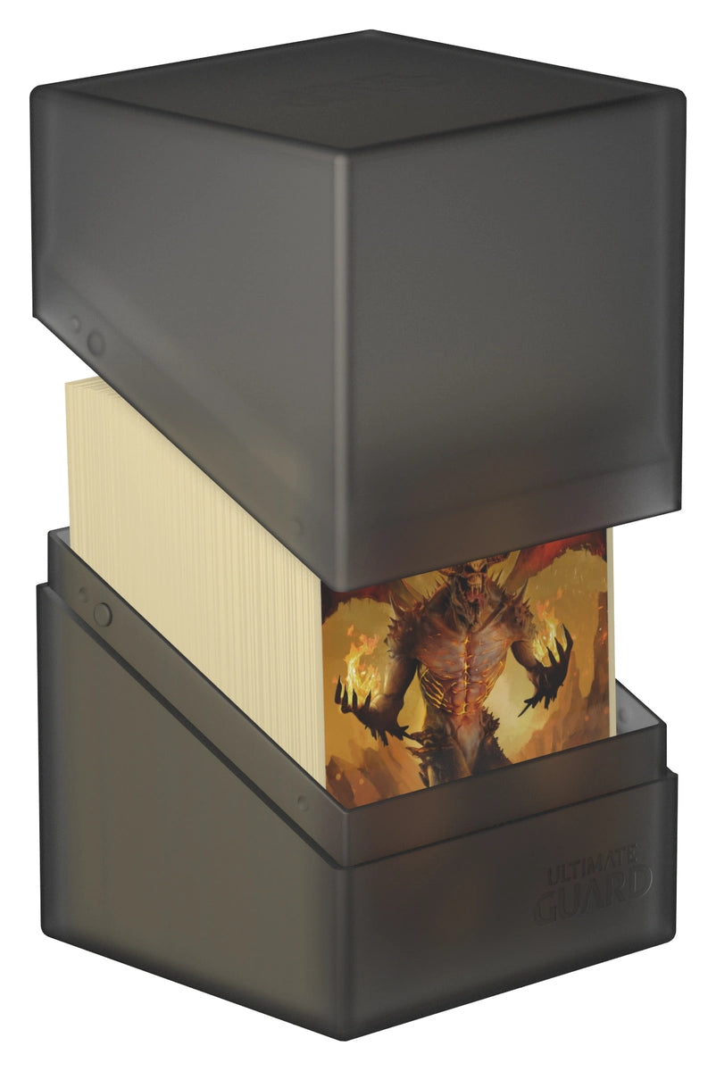 Ultimate Guard Boulder 100+ Onyx deck case with the lid raised on top of the card stack