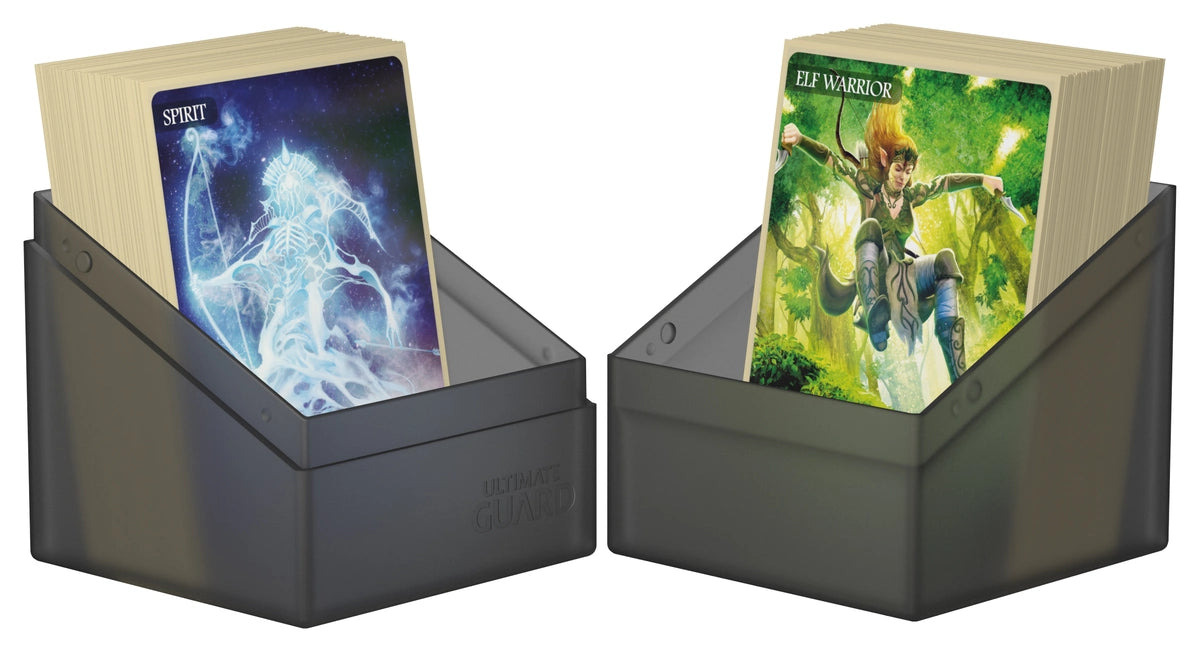 Ultimate Guard Boulder 100+ Onyx, base and cover each holding a stack of cards