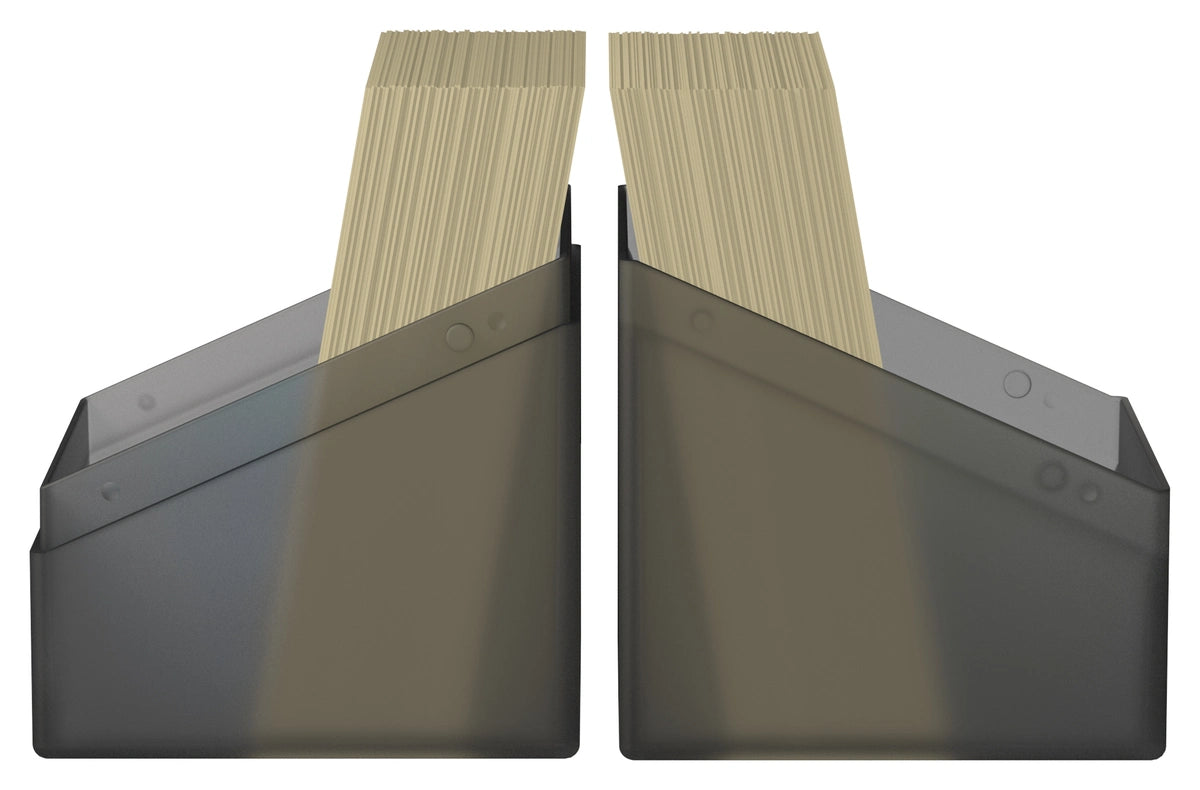 Ultimate Guard Boulder 100+ Onyx, both halves used as open trays with cards fanned