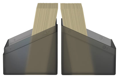 Ultimate Guard Boulder 100+ Onyx, both halves used as open trays with cards fanned
