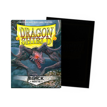Dragon Shield Black Matte Sleeves 100-count Standard size box with a sleeve laid flat