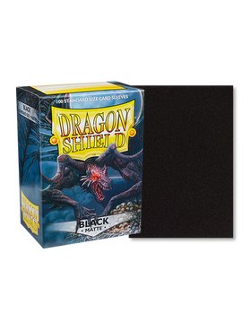 Dragon Shield Black Matte Sleeves 100-count Standard size box beside a sleeve