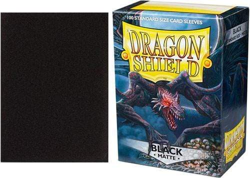 Dragon Shield Black Matte Sleeves 100-count Standard size box, angled view with a sleeve