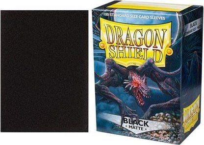 Dragon Shield Black Matte Sleeves 100-count Standard size box, angled view with a sleeve