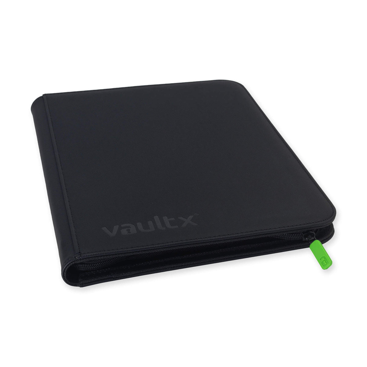 Vault X Exo-Tec 9-Pocket Zip Binder, black, angled view