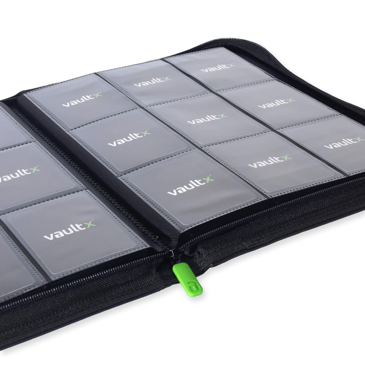 Vault X Exo-Tec 9-Pocket Zip Binder open showing 9-pocket side-loading pages